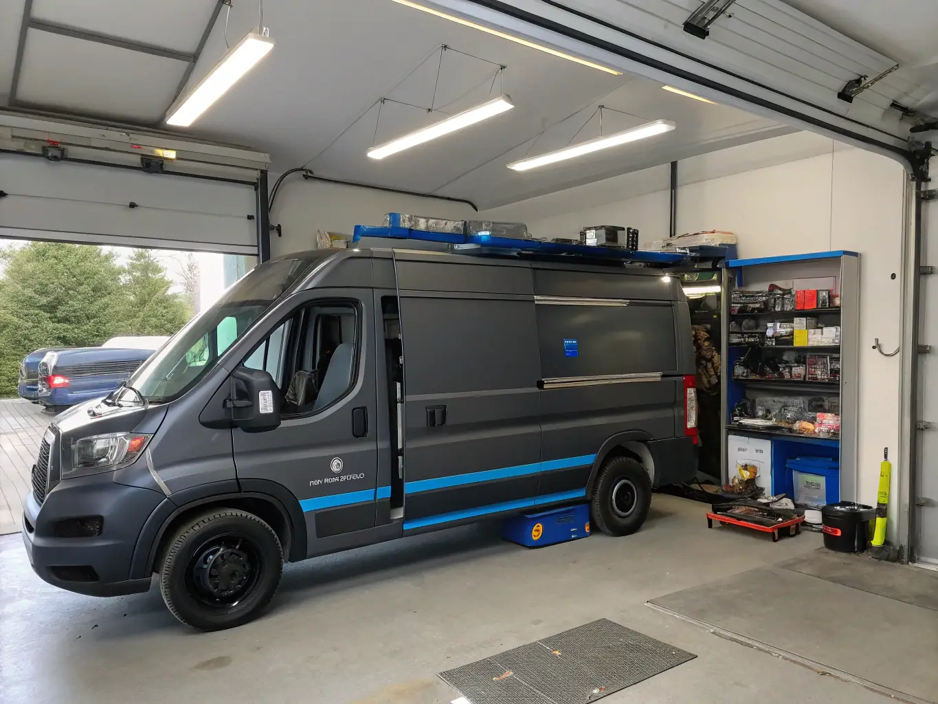A clean, modern Aline Enterprise cargo van parked in front of a well-lit maintenance facility, showcasing its excellent condition.