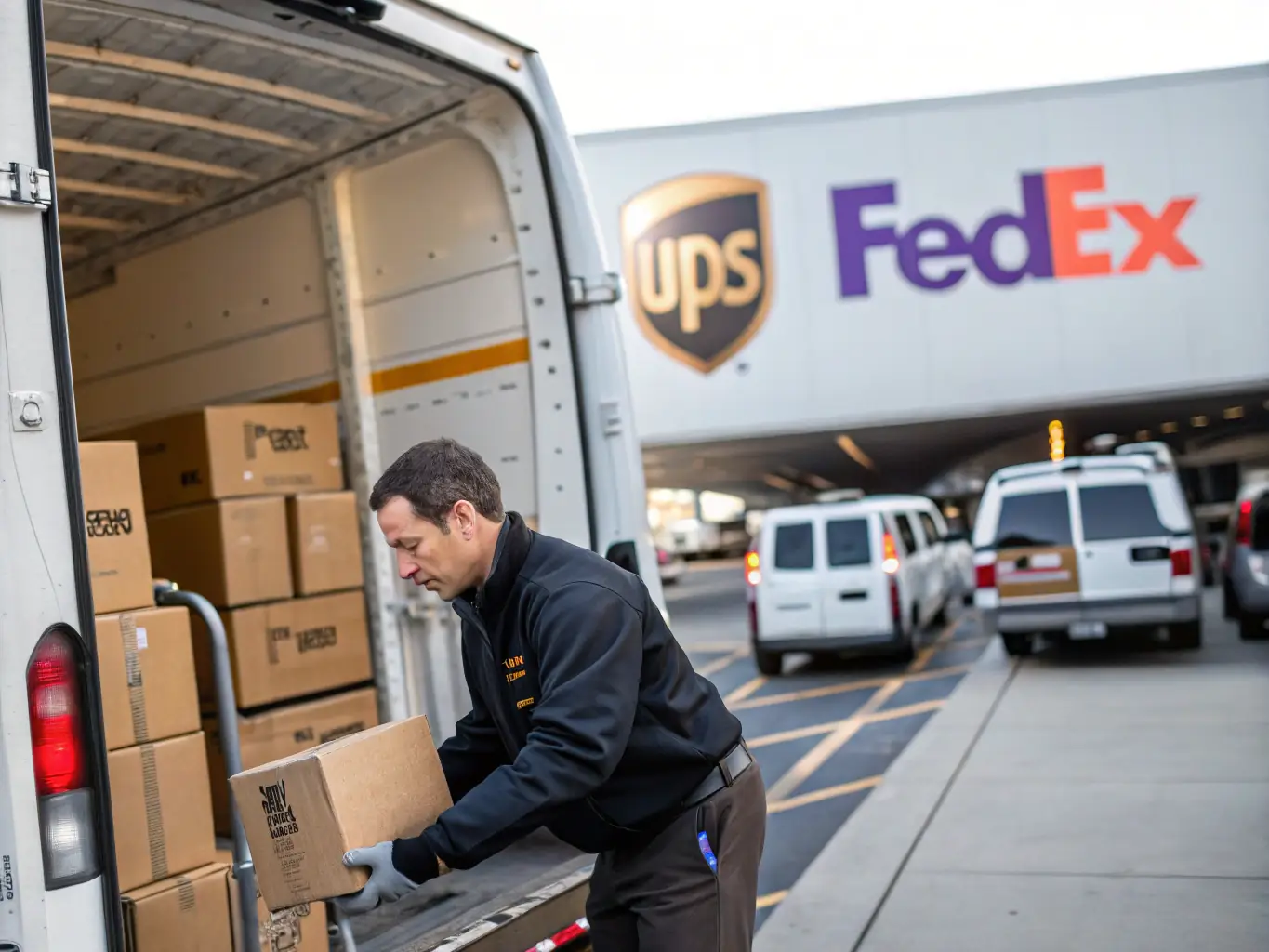 A professional image showcasing a Aline Enterprise driver carefully loading packages into a cargo van, highlighting the precision and care taken with each shipment.