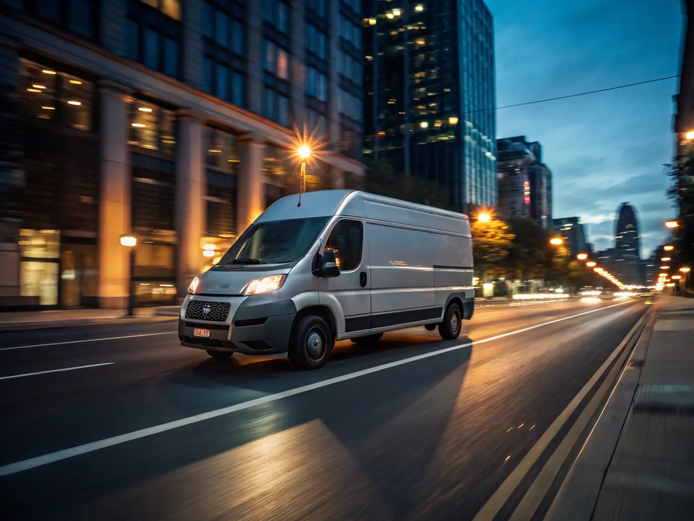 A high-quality photograph depicting a Aline Enterprise cargo van swiftly delivering a package to a business location in a bustling city center, emphasizing speed and efficiency.
